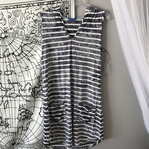 Hooded grey and white striped swimsuit coverup